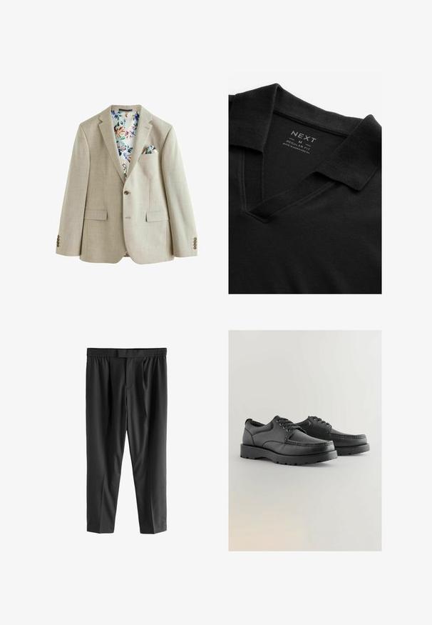 Gaiši bēšs žakets ar teksturētu audumu, ar vienu pogu aizdari, divām priekšējām kabatām un ziedu raksta oderi. Iekļauta kabatas kvadrāta siksna.; Melnā polo krekls ar V veida kakla izgriezumu un teksturētu audumu. Iekļauj salocītu apkakli un etiķeti ar zīmola un izmēra informāciju. Regulāra pieguļamība.; Next REGULAR FIT -CHECK SMART - Chinos tipa bikses - black; Melnas ādas kurpes ar teksturētu virsotni, apaļu purngali, auklu aizdari, un biezām gumijas zolēm ar profilētu rakstu.