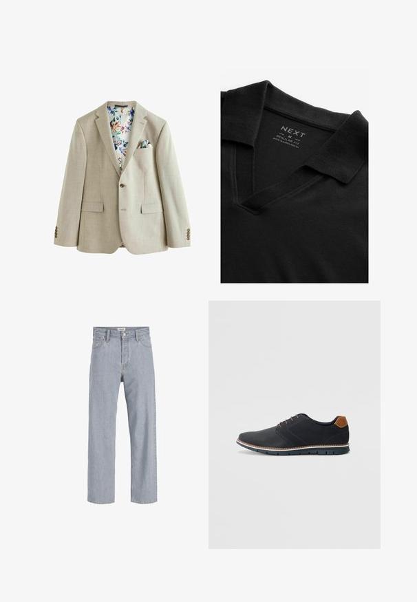 Blazer bej deschis, dintr-un material texturat, cu închidere printr-un singur nasture, două buzunare frontale și căptușeală cu un model floral. Include un batista de buzunar.; Polo negru cu guler în V și un material texturat. Include un guler pliat și o etichetă care afișează informații despre marcă și mărime. Croială normală.; Jeanși din denim bleu deschis cu o croială lejeră, design cu picior drept, cusături vizibile, două buzunare frontale și închidere cu nasture.; Pantofi sintetici negri cu un superior texturat, accente netede, toc maro și o talpă contrastantă. Prezintă un șnur minimalist și detalii de cusătură.