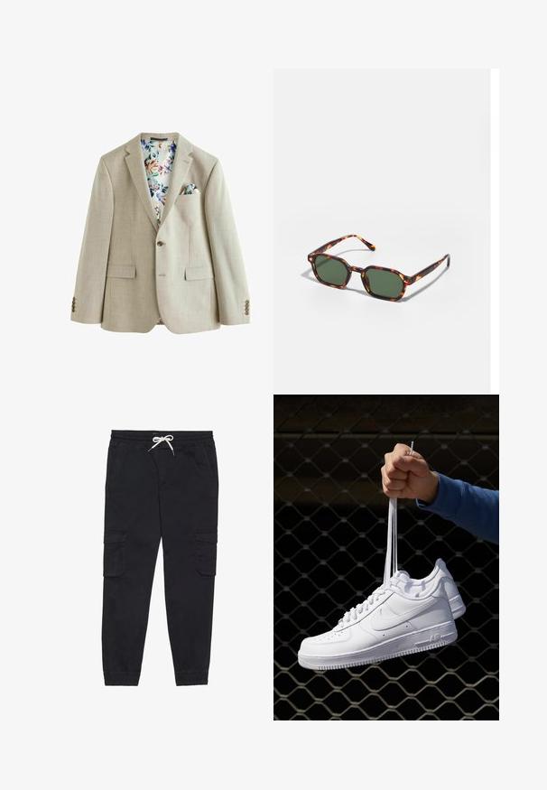 Blazer beige clair en tissu texturé, fermeture à bouton unique, deux poches avant et doublure à motif floral. Il dispose d'un mouchoir de poche.; T-shirt blanche à manches courtes, en coton, avec un col rond et une texture lisse, conçue pour un usage décontracté.; Pantalons cargo noirs en coton, avec une taille élastique et un cordon de serrage, des poches latérales et des poignets fuselés.; Baskets en cuir blanc avec perforations, à bout rond, semelle plate et lacets épais, arborant un logo swoosh visible et "AIR" sur le talon.; Lunettes de soleil en écaille de tortue avec des verres verts, présentant une forme octogonale et des branches minces et courbées. Le matériau a une finition brillante.