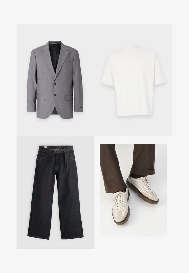 Sivi sako s glatkom teksturom, jednostruko zakopčan, s kleštenim reverima, dva dugmeta i dva bočna džepa; vidljiva podstava.; Bijela kratka majica s kratkim rukavima, izrađena od mekog materijala. Okrugli izrez, opušteni kroj i jednostavan dizajn bez ukrasa ili uzoraka.; Tamne tamnoplavih širokih hlača s pojasom u struku, s prednjim džepovima i kontrastnim šavovima. Glatka tekstura s jednostavnim dizajnom.; Bež tenisice s teksturiranom nubuk prednjom stranom, glatkim kožnim bočnim stranama i smešnim gumenim potplatom. Uključene su vezice i lagani detalji šivanja.