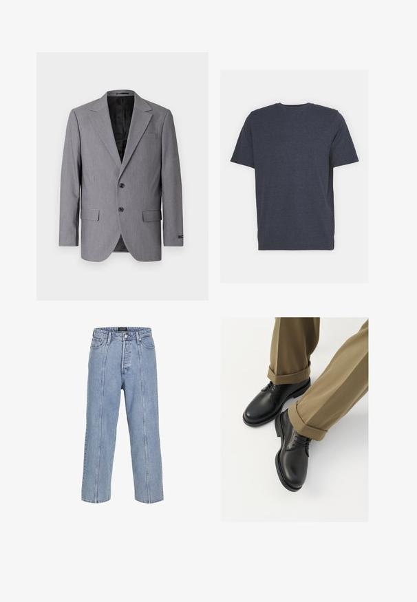 Szary marynarka o gładkiej teksturze, jednopierścieniowa konstrukcja, klapy notcha, dwa guziki i dwie boczne kieszenie; widoczne wykończenie podszewką.; Granatowa koszulka z okrągłym dekoltem, wykonana z miękkiej bawełny z dodatkiem włókien syntetycznych, z krótkimi rękawami i regularnym krojem. Bez widocznych wzorów ani akcentów.; Jasnoniebieskie dżinsy o luźnym kroju, szerokich nogawkach i widocznych detalach szwów. Posiadają zapięcie na guzik i zamek błyskawiczny oraz pięć kieszeni.; Czarne skórzane buty wizytowe o gładkim wykończeniu, z sznurówkami i zaokrąglonym noskiem, w połączeniu z podwiniętymi spodniami khaki.