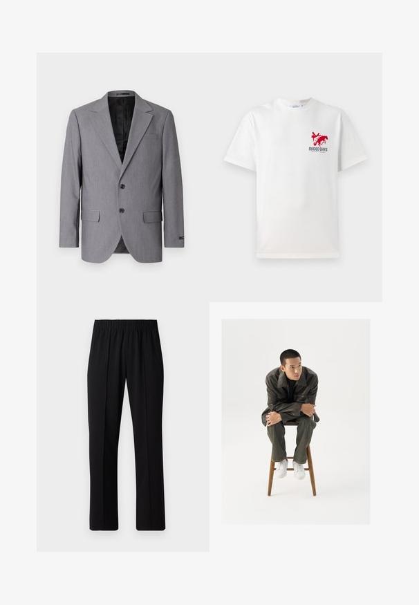 Grauer Blazer mit glatter Textur, einreihigem Design, Reverskragen, zwei Knöpfen und zwei Seitentaschen; gefüttertes Innenfutter sichtbar.; Weißes Baumwoll-T-Shirt mit einem roten Cowboy- und Pferde-Graphic auf der linken Brust und dem Text "RODEO DAYS" unterhalb des Designs.; Schwarze, Gummibund-Hosen mit geradem Schnitt, die eine glatte Textur aufweisen und keine sichtbaren Muster oder Beschläge haben.; Braune Lederjacke mit einem breiten Kragen, kombiniert mit dunkelgrünen Jeans und weißen Sneakers. Das Modell sitzt auf einem Holzschemel.