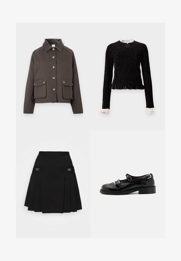 Brązowa bawełniana kurtka z kołnierzem, z przodu na guziki i dwiema kieszeniami z klapką. Posiada złote guziki i kontrastowe akcenty w szwie.; Czarny top z długim rękawem, z teksturowanej tkaniny, z falbaną na dolnym brzegu oraz białymi falbankami przy kołnierzyku i mankietach. Posiada centralne zapięcie na pętelkę.; Czarna plisowana spódnica z złotymi akcentami. Posiada boczne kieszenie z logo, wykonana z gładkiego materiału. Sylwetka w kształcie litery A.; Czarne skórzane buty z detalami brogu, z dwoma klamrami, okrągłym noskiem i niskim obcasem. Gładka tekstura z błyszczącym wykończeniem.