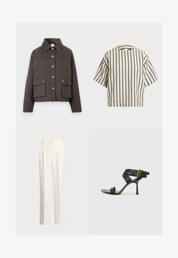 Rudas medvilnės švarkas su apykakle, sagomis priekyje ir dviem kišenėmis su atvartais. Yra auksinės sagos ir kontrastingi siuvimo akcentai.; Kreminės ir tamsiai mėlynos juostelės trumpų rankovių marškinėliai, turi apvalų iškirpimą ir dėžutės tipo dizainą, pagaminti iš tekstūruotos medžiagos.; Polo Ralph Lauren HEMP WIDE LEG PANT - Kelnės - nevis; Juodi kulniškų sandalai su kryžminėmis juostelėmis ir reguliuojamu sagtimi. Ypatybė – lygus paviršius ir siauras smailas kulnas.