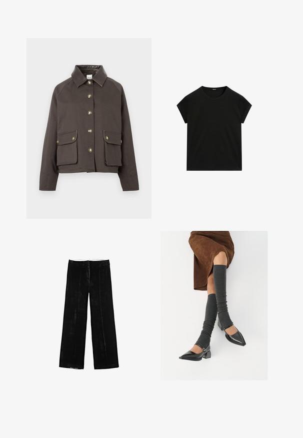 Brun bomuldsjakke med krave, knaplukning foran og to klaplommer. Har guldknapper og kontrasterende syninger.; Sort kortærmet T-shirt med rund hals og lige kant, præsenteret fladt på en hvid baggrund.; Sorte vide bukser i blødt velourmateriale, der har en glat tekstur, to forlommer og en flad talje med ingen udsmykning.; Sorte patenterede lædersko med spids tå, blokhæl og ankelrem, kombineret med grå ribbede benvarmere og en brun ruskinds nederdel.