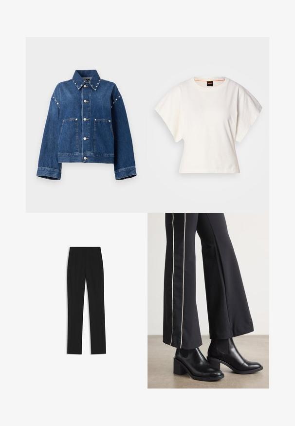 Niebieska kurtka dżinsowa o skróconym kroju, z wysmuklonym kołnierzkiem, srebrnymi zatrzaskami i dwoma przednimi kieszeniami. Posiada dekoracyjne ćwieki wzdłuż kołnierza.; Biała, krótka koszulka z szerokimi rękawami, wykonana z miękkiej bawełny, okrągły dekolt z delikatnym pomarańczowym wykończeniem, minimalistyczny design, bez wzorów i grafik.; Czarne spodnie o dopasowanym kroju z prostymi nogawkami, z przednimi kieszeniami i gładką, teksturowaną tkaniną. Schludne, minimalistyczne wykończenie.; Czarne skórzane botki za kostkę na słupku, z elastycznymi panelami po bokach. Połączone z czarnymi spodniami z białym paskiem po boku.
