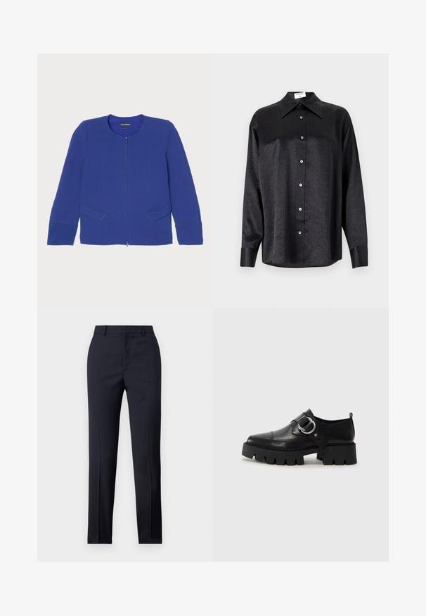 Blue zip-up jacket featuring a round neckline, long sleeves, and two front pockets. Textured fabric with contrasting stitching details.; Black long-sleeve shirt with a collared neckline, featuring a crinkled texture, full button front, and cuffs. Made from a smooth fabric.; Navy tailored trousers with a straight cut, featuring a smooth texture, two front pockets, and a clean waistband.; Black leather shoes with a chunky, ribbed sole, featuring a circular silver hardware accent and minimal stitching detail.