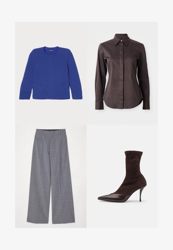 Mėlyna užtrauktuku užsegama striukė su apvaliomis iškirptėmis, ilgomis rankovėmis ir dviem priekinėmis kišenėmis. Tekstūruota medžiaga su kontrastingais siuvinėjimo akcentais.; Tamsiai ruda ilgomis rankovėmis marškiniai su uždaru apykakle ant balto fono.; MM6 Maison Margiela PANTS - Kelnės - grey melange; Rudi zomšos auliniai batai su smailiu priekiniu galu ir blizgiu burgundiškojo lakinės odos priekiniu dangteliu, turintys siaurą stiletą kulną ir tekstūruotą paviršių.