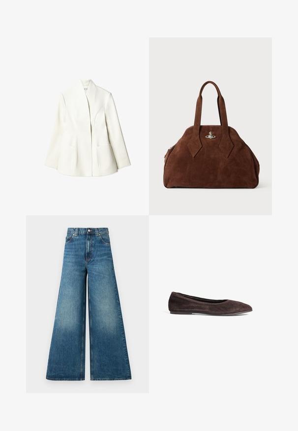 NA-KD Blazer - white; Débardeur blanc côtelé avec un col rond et des bretelles fines. Étiquette sur le col en violet clair. Taille visible.; Jean taille haute évasés en denim bleu délavé, dotés d'une fermeture à bouton, de passants de ceinture et de deux poches avant.; Ballerines en suède marron avec un bout pointu et un profil bas. Présentent une texture lisse et un design minimaliste. Pas de matériel ou accents visibles.; Sac à main en daim marron avec une forme structurée, un corps arrondi et des poignées allongées en forme de diamant. Il dispose d'une fermeture en métal argenté.