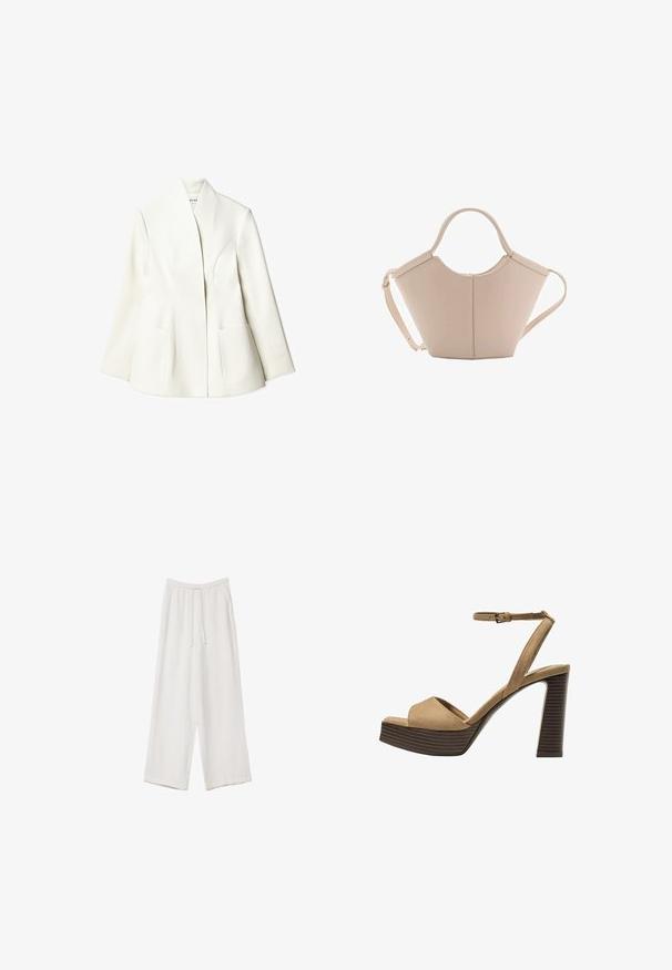 NA-KD Blazer - white; Weißes Kurzarmoberteil mit Rundhalsausschnitt. Verfügt über geraffte Textur an den Seiten und eine figurbetonte Silhouette, gefertigt aus weichem, dehnbarem Material.; Weiße weit geschnittene Hose aus leichtem Stoff. Mit einem elastischen Bund und Kordelzug sowie Seitentaschen. Glatte Textur.; Beige Wildleder-Pumps mit hohem Absatz, breitem Vorderband und Knöchelriemen, ausgestattet mit einem klobigen Holzblockabsatz mit strukturiertem Finish.; Beige Lederhandtasche mit einer einzigartigen Form, die zwei kurze Henkel und einen langen verstellbaren Riemen aufweist. Glatte Textur mit minimalen Hardware-Elementen.