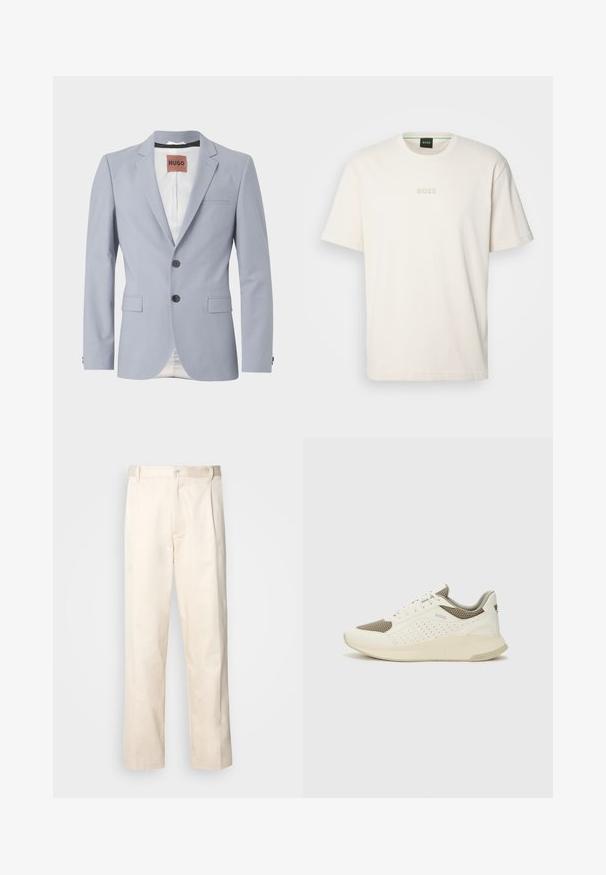 Sacou nuanță de albastru deschis, cu croi adaptat, realizat dintr-un material neted, având revere conturate, două buzunare frontale, închidere cu trei butoane și un căptușeală albă subtilă.; BOSS TEE - Tricou basic - open white; Pantaloni din bumbac bej, cu croială dreaptă, dotati cu închidere cu nasture și pliuri în față pentru un plus de detaliu.; Tenis sportivi alb și bej deschis, cu un înveliș din plasă, detalii perforate și o talpă intermediară texturată, având marcaj pe călcâi.