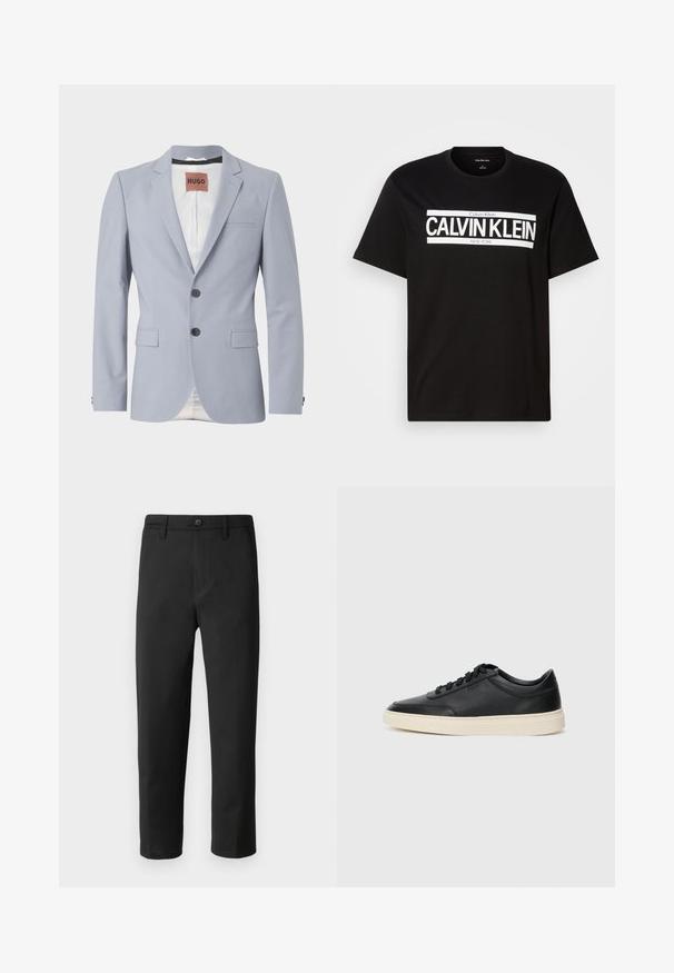 Ljusblå skräddarsydd kavaj i slät tyg med slag, två framfickor, treknappsstängning och subtil vit genomskinlighet.; Svart kortärmad T-shirt med vitt "CALVIN KLEIN NEW YORK"-tryck centrerat på bröstet, rund halsringning och medelstorleksmärke inuti kragen.; Svarta byxor med rak skärning, tillverkade av ett mjukt tyg. Har knappstängning och bälteslöljer. Inga synliga mönster eller detaljer.; Svart låg skor i läder med svarta snören och off-white sula, visas i sidoprofil på vit bakgrund.