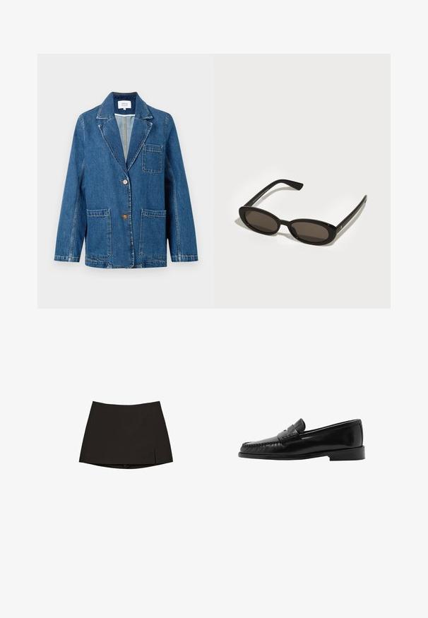 Sininen farkkutakki, jossa on kaksi alaosaston lokeroa, yksi rintatasku, kaksi ruskeaa nappia ja viilennetty kaulus.; Valkoinen puuvillapaita, jossa on lyhyet hihat ja pyöreä pääntie. Sisäkauluksessa on vaaleanpunainen etiketti. Sujuva kangas.; Musta mini-hame suoran leikkauksen ja kevyen sivureiän kanssa. Valmistettu sileästä kankaasta, jossa on puhdas helma ja minimalistinen muotoilu.; Musta nahkainen loafer, jossa on kaareva siluetti, koristeelliset hihnat, teksturoitu ommel ja litteä kumipohja. Sujuva pinta ja tyylikäs muotoilu.; Mustat aurinkolasit, joissa on ovaalit, puolivartiset linssit. Kiiltävät kehykset ja suorat varret. Tummennetut linssit, joissa on minimaalinen varustelu.