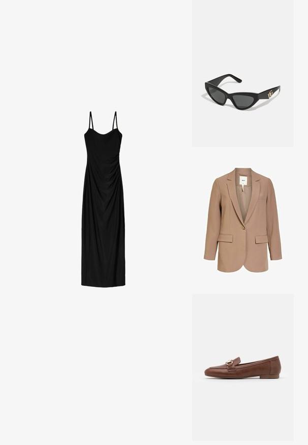 Bež sako izdelan iz gladkega blaga, z enim gumbom, dvema sprednjima žepoma in reverjem z izrezom.; Črna midi obleka z tankimi nastavljivimi naramnicami, z drapirano zasnovo in gladko teksturo. Brez vidnih vzorcev ali okrasnih elementov.; Rjavi usnjeni loaferji s ploskim podplatom, šivanim dizajnom in zlatim kvačkanjem na traku čez vamp.; Sončne naočale v mačjem stilu z mat črnim plastičnim okvirjem, temnimi lečami in zlatim logotipom na tempeljih. Kotačast dizajn in gladka tekstura.; Rjava usnjena torba čez ramo z vzorcem logotipa, zlatim verigo, zadrgo in zlatimi dodatki. Kompaktna in pravokotna oblika.