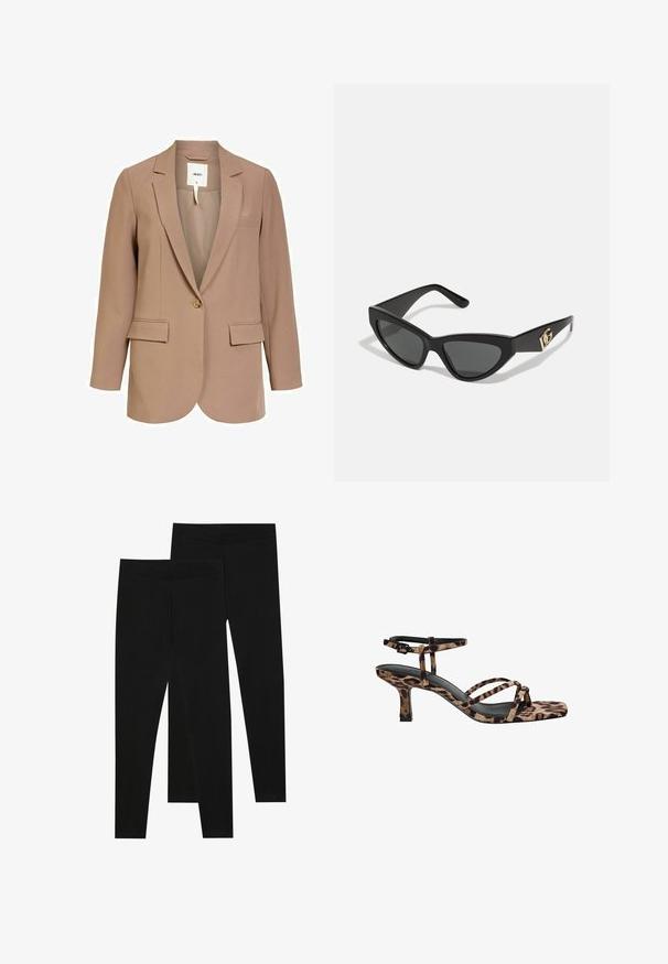 Beige blazer made of smooth fabric, featuring a single button closure, two front pockets, and a notched lapel design.; Two seamless tube scarves: one black and one white. Both are made of soft, stretchy fabric and feature a smooth texture without patterns.; Black leggings made of stretchy fabric, featuring a seamless waistband and a slim fit design, suitable for casual wear or exercise.; Leopard print heeled sandals with a square toe, multiple straps, and a mid-height heel. Crafted from soft textile material.; Cat-eye sunglasses with a matte black plastic frame, dark lenses, and a gold logo accent on the temple. Angular design and smooth texture.