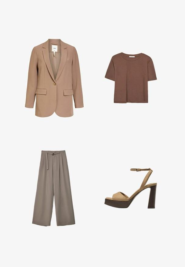 Bež sako izdelan iz gladkega blaga, z enim gumbom, dvema sprednjima žepoma in reverjem z izrezom.; Rjava kratka majica s kratkimi rokavi iz mehkega materiala, s krožnim izrezom in ohlapnim krojem. Brez vidnih vzorcev ali dodatkov.; Široke hlače iz mehke, umirjene sive tkanine, z pasom, ki ga je mogoče zavezati, in z gubami za dodatne oblikovne podrobnosti. Gladka tekstura, brez vzorcev.; Bež semiš sandali na visoki peti z širokim sprednjim trakom in trakom okoli gležnja, opremljeni z debelim lesenim blokom peto z teksturirano površino.