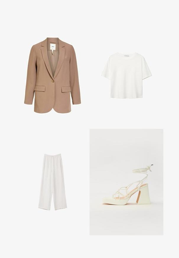 Beżowa marynarka wykonana z gładkiego materiału, z pojedynczym zapięciem na guzik, dwoma przednimi kieszeniami oraz klapami w kształcie notcha.; Biała koszulka z krótkim rękawem, wykonana z bawełny. Posiada okrągły dekolt i luźny krój. Gładka faktura bez widocznych wzorów czy akcentów.; Białe spodnie o szerokich nogawkach wykonane z lekkiego materiału. Posiadają elastyczny pas z sznurkiem i boczne kieszenie. Gładka tekstura.; Biała sandał na wysokim obcasie z masywnym słupkiem, z paskowym wzorem i wiązaniem przy kostce. Gładka faktura z platformą z przodu dla dodatkowej wysokości.
