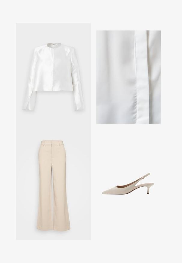 Witte satijnen cropped jasje met lange mouwen, een ronde halslijn en een open voorkant. Soepele textuur en minimalistische stijl.; Witte stof met een gladde, zijden textuur, met een subtiele glans en een verticale naaddetail aan de rechterrand.; Beige wijduitlopende broek met een gladde textuur, voorzien van een hoge tailleband en twee voorzakken. Schoon ontwerp met een getailleerde pasvorm.; Beige slingback hakken met een puntige neus en een lage, uitlopende hak. Gemaakt van glad leer met een minimalistisch ontwerp en een verstelbare band.