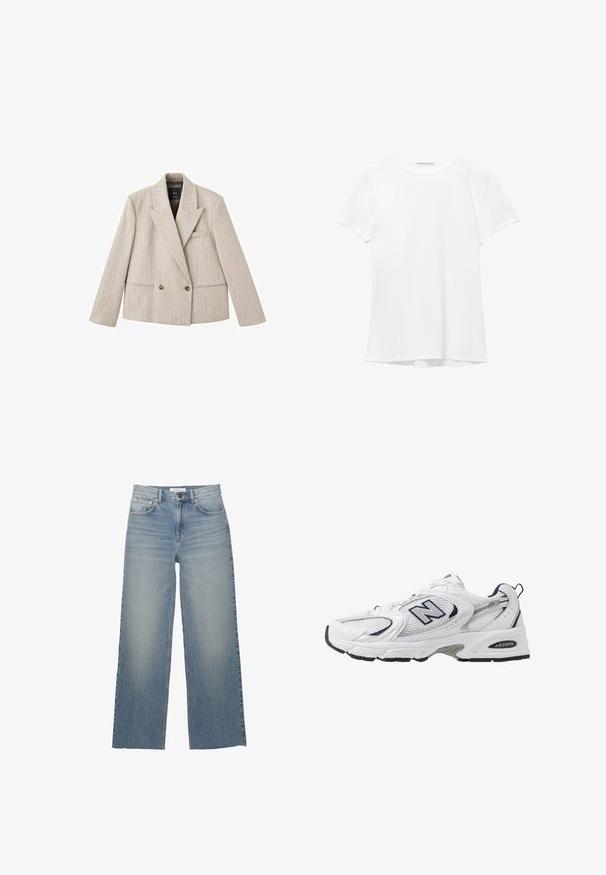 Beige dvojradový blejzer s klopovým límcom, vertikálnym pásikavým vzorom, dvoma prednými vreckami a hnedými gombíkmi. Texturovaný povrch tkaniny.; Biela tričká s krátkym rukávom vyrobené z hladkej tkaniny, s okrúhlym výstrihom a jemnými švami na leme.; Svetlomodré nohavice s širokými nohavicami vyrobené z denimu, s vysokým pásom, prednými vreckami a zapínaním na gombík. Hladká textúra s vyblednutými oblasťami.; Biele športové topánky s priedušným vrchným materiálom, námorníckymi akcentmi a polstrovanou podrážkou. Obsahujú logo "N", šnúrky a textúrovaný detail na boku.