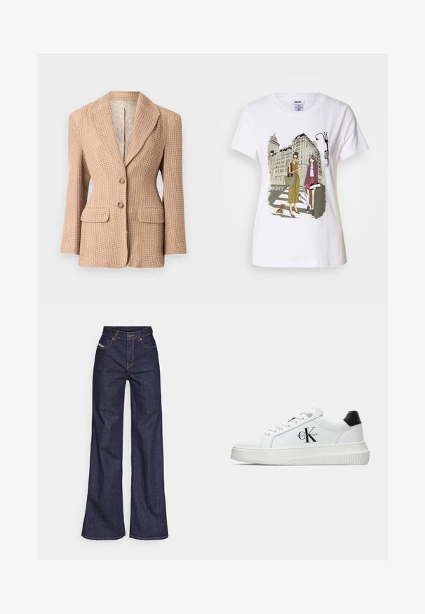 Beige, textured blazer with a woven pattern, notched lapel, two front pockets, and two buttons. Lined interior in a light color.; White cotton T-shirt featuring a printed illustration of two women in urban fashion styles with a dog on a crosswalk and city buildings.; Dark blue wide-leg jeans in denim fabric with a high waist, featuring orange stitching, five-pocket design, and a button closure.; White low-top sneaker with black heel tab, platform sole, laces, and Calvin Klein "CK" logo on the side.