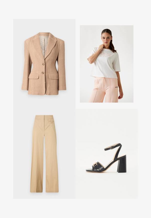 Beige, texturált blézer szőtt mintával, résszel ellátott hajtókával, két elülső zsebbel és két gombbal. Világos színű bélés.; Fehér, rövidített póló, melyen világos rózsaszín "GUESS" logó található, barack színű melegítőnadrággal párosítva, amelynek oldalán fekete logó van. Sima pamut textúra.; Beige színű, bővülő lábú nadrág kevert pamut anyagból. Simás textúrával, elasztikus derékpánttal és oldalsó gombos díszítéssel rendelkezik.; Fekete magas sarkú szandál, sima bőrből készült, négyzetes orral, bokapánttal és aranyszínű díszítéssel a frontján.