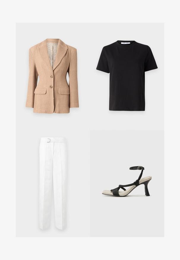 Sacou bej, texturat, cu un model țesut, rever cu decupaj, două buzunare frontale și două butoane. Interior căptușit într-o culoare deschisă.; Tricou negru cu manșon scurt, fabricat din bumbac moale, având un guler rotund, o croială lejeră și o textură netedă. Fără modele sau grafice vizibile.; Pantaloni albi, croiți pe măsură, cu picior larg, bucle pentru curea și o curea cu cataramă din argint. Construiți dintr-un material ușor, cu o textură fină.; Sandal cu toc negru, cu design de curea împletită, vârf pătrat și curea de gleznă ajustabilă. Tălpică de un bej deschis și toc negru lucios.