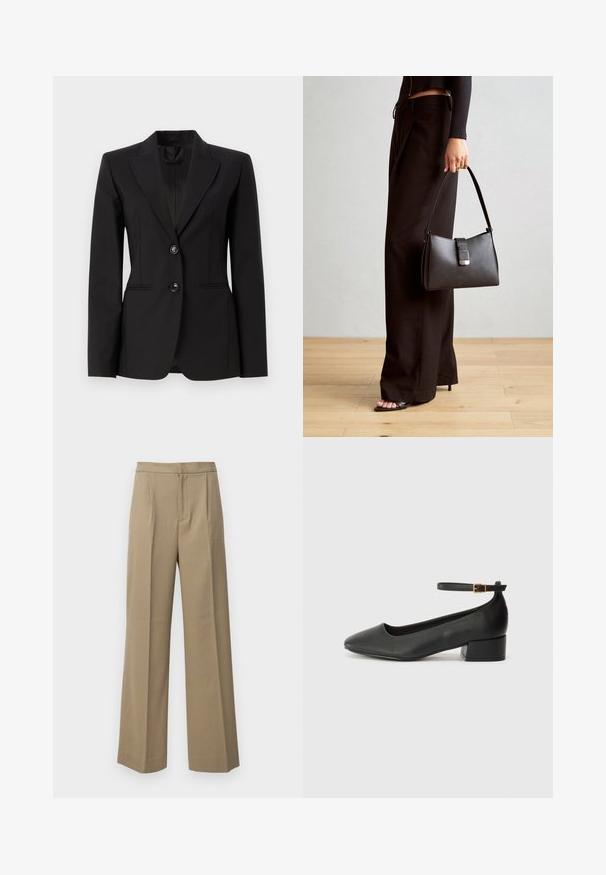 Blazer preto sob medida feito de um tecido liso, com lapela bicada, dois botões na frente e dois bolsos laterais com costuras frontais ligeiras.; Blusa preta feita de tecido suave, com um design drapeado e um detalhe com nó na cintura e mangas curtas.; Calças largas bege feitas de um tecido texturado. Apresentam pregas frontais e uma cintura plana. Sem fechos ou bolsos visíveis.; Sandal de pele preta com bico pontiagudo e um salto bloco baixo. Apresenta uma tira no tornozelo com uma fivela em tom dourado. Textura suave.; Bolsa preta com forma estruturada, textura suave e um fecho metálico. Combinada com calças largas pretas e sandálias de salto aberto sobre um chão de madeira.