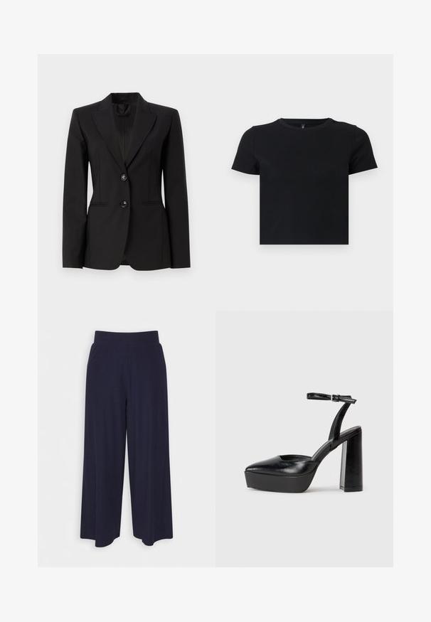 Blazer negru, croit, dintr-un material neted, având guler tip rever, două nasturi în față și două buzunare laterale cu cusături ușoare în față.; Tricou negru cu mânecă scurtă, fabricat din bumbac moale. Dispune de un guler rotund și un design ajustat. Textură netedă, fără modele sau accente.; Pantaloni cu croi larg din țesătură de culoare bleumarin închis, cu un model texturat. Prezintă un brâu neted și o siluetă fluidă, ajungând până la jumătatea gambei.; Pantofi cu toc platformă negri, cu vârful ascuțit și curea reglabilă la gleznă. Confecționați din piele netedă, având un toc gros.