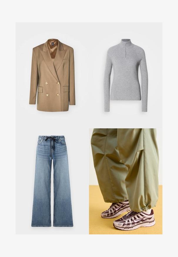 Bruine dubbelgeknoopte blazer met gouden knopen, gesneden revers en twee voorzakken; de stof heeft een gladde textuur en een getailleerde pasvorm.; Lichtgrijze, geribbelde pullovertrui met een hoge kraag en een rits tot de helft van de hals. Het heeft lange mouwen en een getailleerd ontwerp.; Lichtblauwe denim jeans met wijde benen en een vervaagde structuur. Voorzien van een verstelbare tailleband met een zwarte trekkoord en traditionele zakken.; Atletische sneakers met een grijs en donkerpaars ontwerp, voorzien van een bovenwerk van mesh, ondersteunende banden en een rubberen zool, gecombineerd met losse groene broek.
