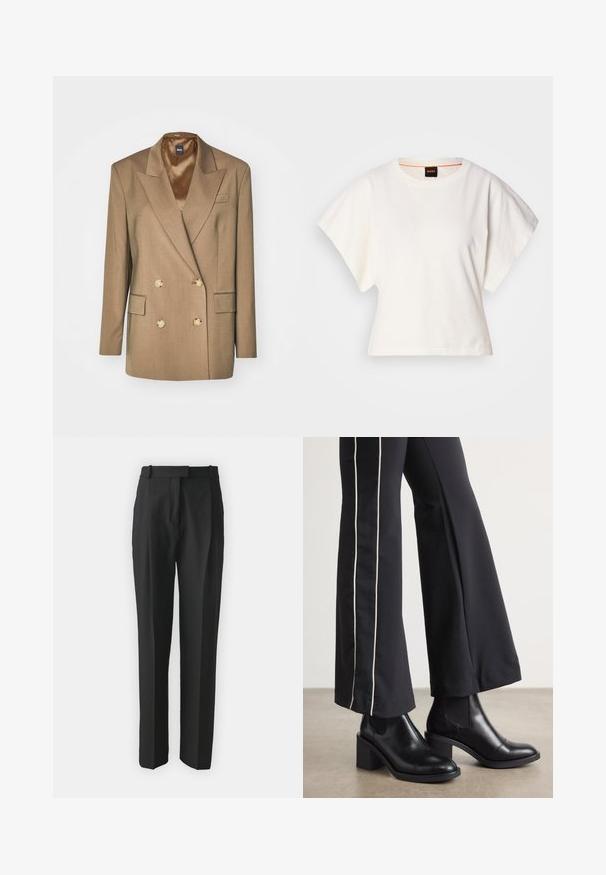 Smeđa dvostruka jakna s zlatnim gumbima, izrezom na reveru i dva prednja džepa; tkanina ima glatku teksturu i kroj prilagođen tijelu.; Bijeli skraćeni T-shirt, široke kratke rukave, mekani pamučni materijal, okrugli izrez s suptilnim narančastim detaljem, minimalistički dizajn, bez uzoraka ili grafika.; Crne krojene hlače od laganog materijala, s ravnim krojem, ravnim prednjim dijelom i petljama za remen. Glatka tekstura bez vidljivih uzoraka.; Crne kožne gležnjače s blok petom, s elastičnim bočnim panelima. Uparene s crnim hlačama koje imaju bijelu bočnu prugu.
