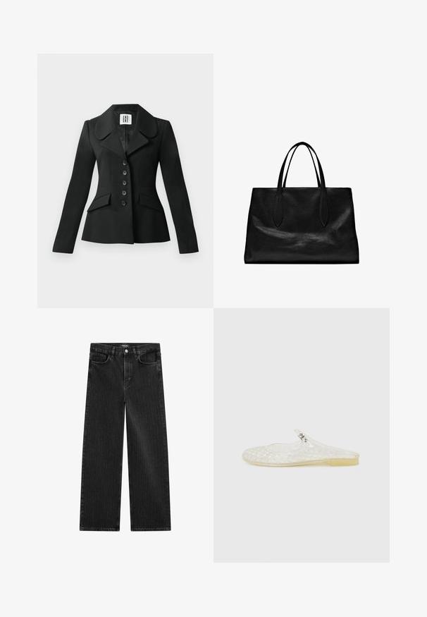 Black tailored jacket with a structured silhouette, large collar, six buttons, and two front pockets. Smooth texture, long sleeves.; Black short-sleeve V-neck T-shirt with a simple, fitted design on a white background.; Wide-leg black denim jeans with a subtle vertical stripe pattern, featuring five-pocket design and a classic button closure at the waist.; Clear plastic slip-on shoe with a grid pattern, rounded toe, and a small silver accent on the strap. Flexible sole in translucent color.; Black leather tote bag with two elongated handles, a structured shape, smooth texture, and minimalistic design. No visible hardware or accents.