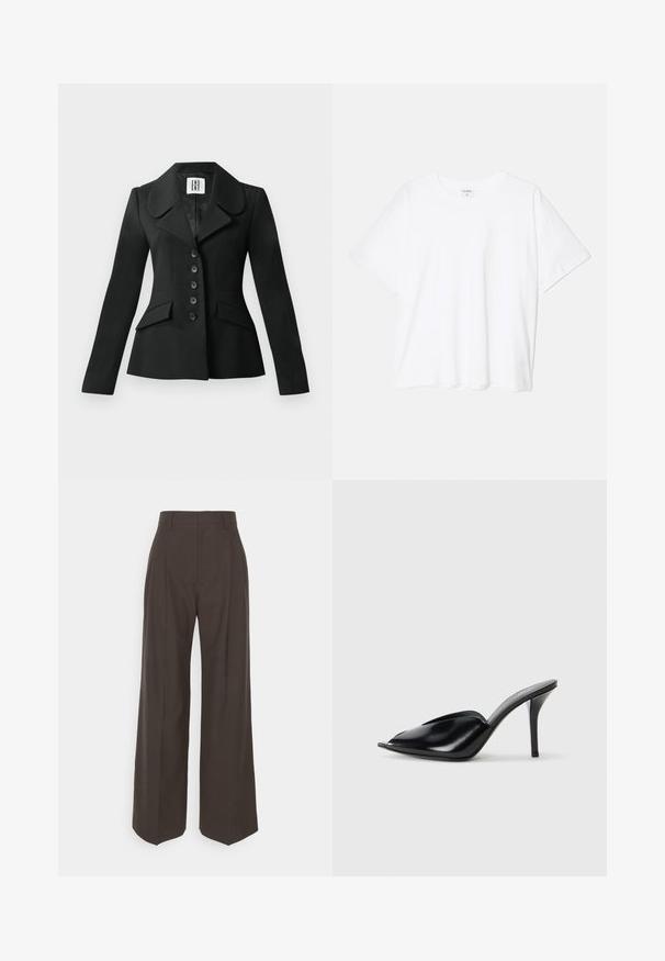 Sacou negru croit, cu o siluetă structurată, guler mare, șase nasturi și două buzunare frontale. Textură netedă, mâneci lungi.; Tricou alb din bumbac, cu mâneci scurte, guler rotund, croi lejer și tiv cusut. Eticheta este vizibilă pe interiorul gulerului.; Pantaloni largi de culoare maro închis, cu talie înaltă, prezentând pliante bine călcate, textură fină și o croială adaptată.; Mule-uri negre din piele cu toc înalt, cu vârf deschis, design ascuțit, textură fină și toc subțire stiletto.