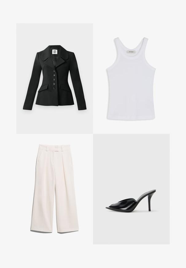 Juodas pritaikytas švarkas su struktūrine siluetu, dideliu apykakle, šešiais mygtukais ir dviem priekinėmis kišenėmis. Lygi tekstūra, ilgos rankovės.; Balta tank top'o viršutinė dalis, pagaminta iš lygaus audinio, su apvaliu iškirpimu ir plačiomis petnešomis, viduje yra etiketė su užrašu "IVY OAK."; Platūs kelnės šviesiai kreminės spalvos, pagamintos iš glotnaus audinio, su dviem priekinių kišenių ir matoma siūlėmis ant juosmens.; Juodos odinės aukštakulnės mules su atvira pirštine, smailiu dizainu, lygiu paviršiumi ir plonu stiletto kulnu.