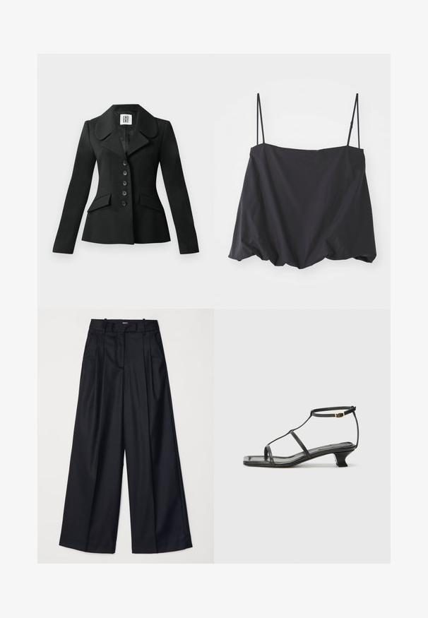 Black tailored jacket with a structured silhouette, large collar, six buttons, and two front pockets. Smooth texture, long sleeves.; Black sleeveless top with thin straps, loose fit, and gathered hem. Made of lightweight fabric with a smooth texture.; Black wide-leg trousers made of smooth fabric, featuring a high waist, pleats, and a tailored design. Simple black hardware at the waist.; Black leather sandal with a square toe, thin straps, adjustable ankle strap, and a low heel. Features a small gold accent on the strap.