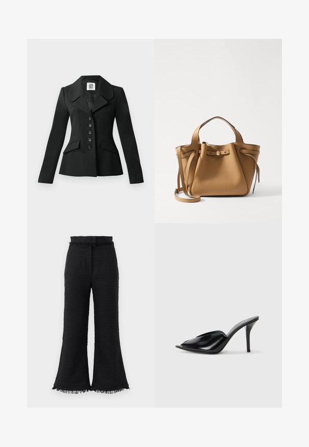 Černý sak s přizpůsobeným střihem, se strukturovanou siluetou, velkým límcem, šesti knoflíky a dvěma předními kapsami. Hladká textura, dlouhé rukávy.; Černý top bez rukávů s tenkými ramínky, volný střih a nařasený lem. Vyrobeno z lehké tkaniny s hladkou strukturou.; Černé široké kalhoty s texturovanou tkaninou, roztrhaným lemem a elastickým pasem. Design má hladký povrch a volný střih.; Černé kožené vysoké muly s otevřenou špičkou, špičatým designem, hladkým povrchem a štíhlým jehlovým podpatkem.; Tory Burch ROMY PEBBLED SATCHEL - Kabelka - tiramisu