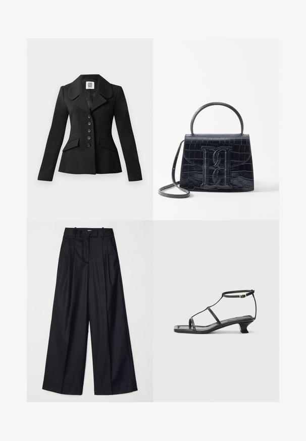 Melnā pielāgotā žakete ar struktūru, liela apkakle, seši pogas un divas priekšējās kabatas. Gluda tekstūra, garas piedurknes.; Melna garām piedurknēm bodijs ar apaļu kakla izgriezumu, pieguļoša forma un stringa formas apakšdaļa. Izgatavots no mīksta, elastīga auduma komfortam.; Melnas platas kājas bikses no gludas auduma, ar augstu jostasvietu, krokām un pielāgotu dizainu. Vienkārša melna aparatūra jostasvietā.; Melna ādas sandale ar kvadrātveida purngalu, plānām siksnām, regulējamu potītes siksnu un zemu papēdi. Iezīme ir neliela zelta akcenta detaļa uz siksnas.; Melnas krokodila rakstā izgatavota ādas rokassoma ar strukturētu dizainu, augšējo rokturi, regulējamu siksnu un izteiktu priekšējo logotipa detaļu.