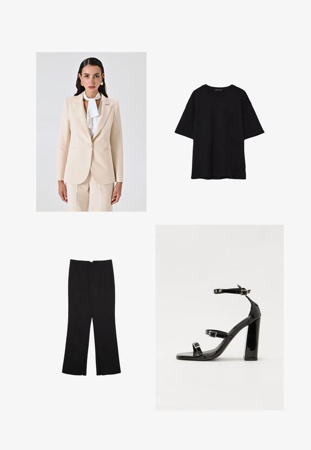 Rinascimento Blazer - beige; T-shirt in cotone nero con vestibilità rilassata, maniche corte, scollatura arrotondata e una texture liscia. Nessuna trama o accento visibile.; Pantaloni neri a gamba dritta, con tasche frontali e spacchi laterali all'orlo. Realizzati in tessuto morbido e liscio. Adatti a diverse occasioni.; Sandali con tacco in vernice nera, con punta squadrata, cinturini alla caviglia e fibbie in argento. Presentano un tacco a blocco spesso per maggiore stabilità.