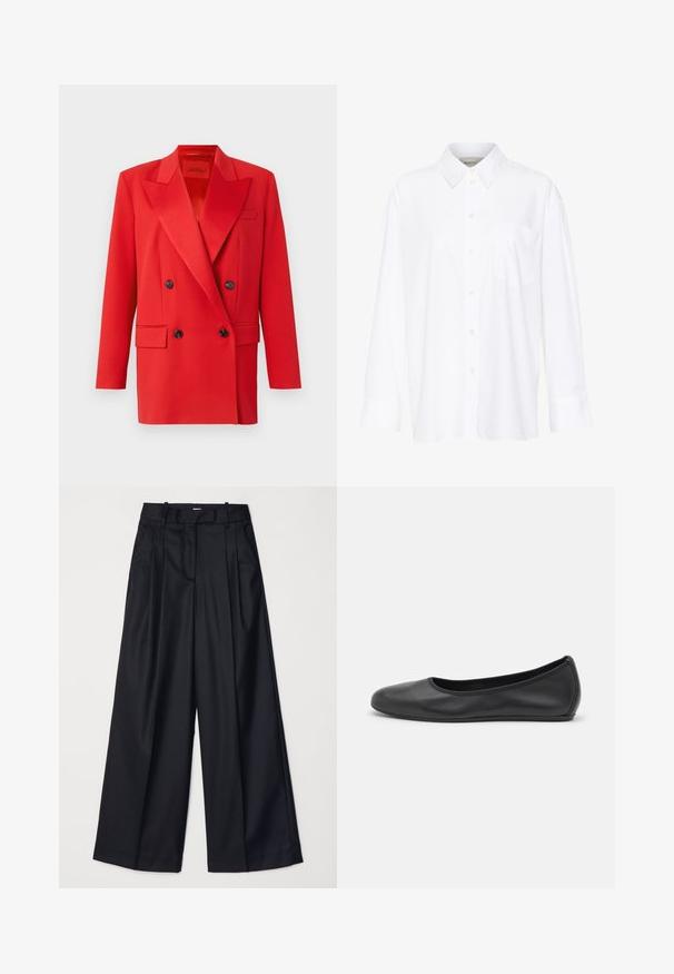 Piros dupla soros blézer éles hajtókákkal, két elülső zsebbel, fekete gombokkal és strukturált formával. Sima szövettextúra.; Fehér, hosszú ujjú, galléros ing, amely pamutból készült. Gombos elülső része és egyetlen mellzsebe van. Simított textúra, laza szabás.; Fekete, széles lábú nadrág sima anyagból, magas derekú, pliszékkel és elegáns kialakítással. Egyszerű fekete kiegészítők a dereknál.; Fekete bőr balettcipő lekerekített orral, sima tekstúrával, minimális varrással és rugalmas talp kialakítással.
