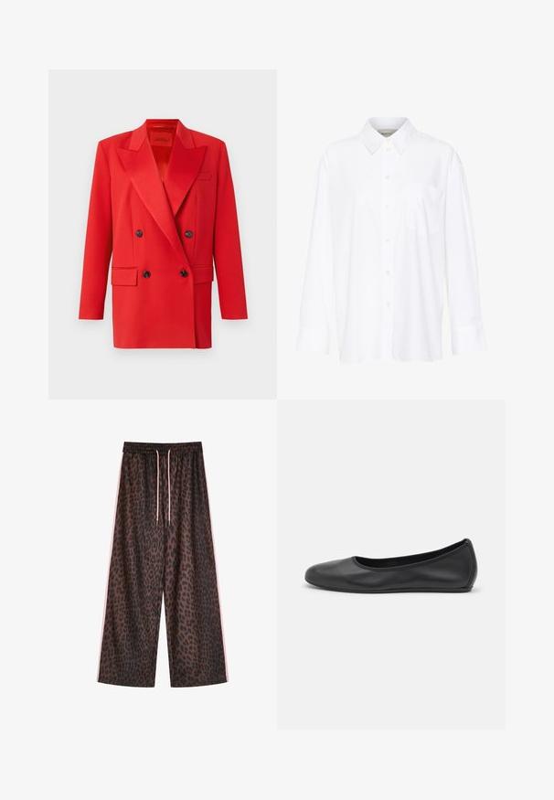 Červený dvouřadý blazer s ostrými klopami, dvěma předními kapsami, černými knoflíky a strukturovaným designem. Hladká textura tkaniny.; Bílá košile s dlouhým rukávem a límečkem vyrobená z bavlny. Má knoflíkovou přední část a jedno kapsičku na prsou. Hladký povrch, volný střih.; Kalhoty s širokými nohavicemi v leopardím vzoru v hnědé a černé barvě, s elastickým pasem a růžovými šňůrkami na stažení a bočními růžovými pruhy. Hladký textilní povrch.; Černé kožené baletní byty s kulatou špičkou, hladkou texturou, minimálními švy a flexibilním designem podrážky.
