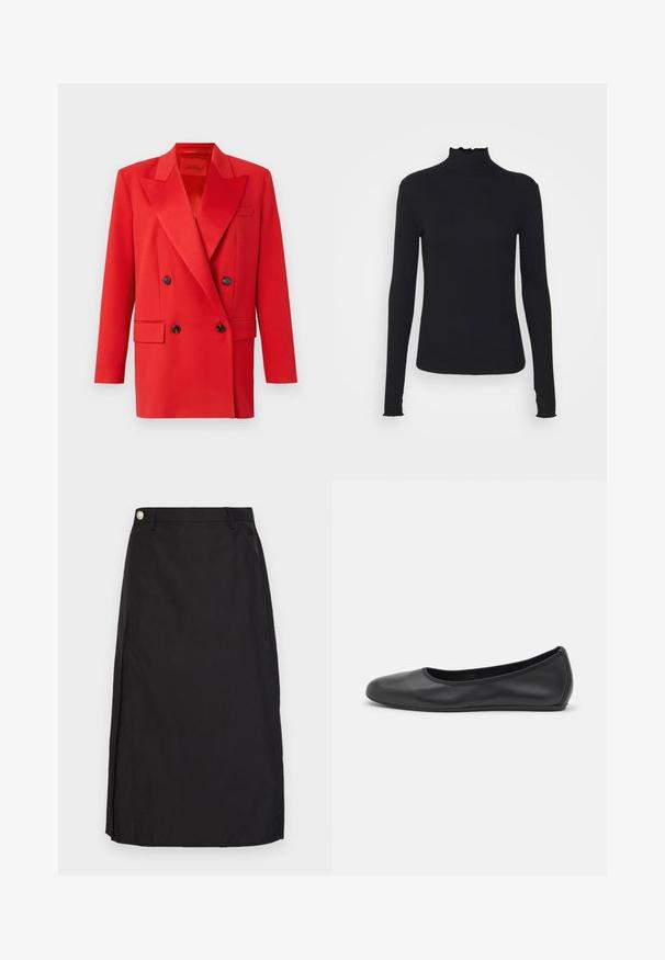 Červený dvojradový blazer s ostrými klopami, dvoma prednými vreckami, čiernymi gombíkmi a štruktúrovaným dizajnom. Hladká textúra tkaniny.; Čierny dlhý rukáv turtleneck top vyrobený z hladkej látky, s volánovým golierom a priliehavou siluetou s jednoduchými okrajmi.; Čierna sukňa po kolená vyrobená z hladkej tkaniny, s predným rozparkom a kovovým gombíkom ako akcentom na páse.; Čierne kožené baleríny s okrúhlou špičkou, hladkým povrchom, minimálnym prešívaním a flexibilným dizajnom podrážky.