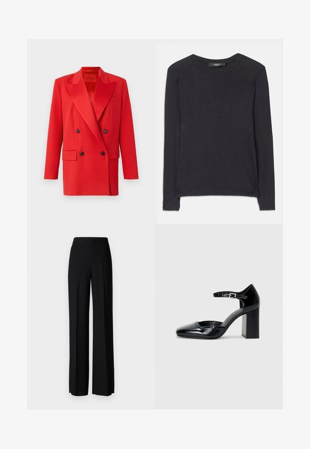 Rød dobbeltbrystet blazer med skarpe revers, to forlommer, sorte knapper og et struktureret design. Glat stofstruktur.; Sort langærmet skjorte med rund hals, lavet af blødt stof. Har et enkelt design og diskrete syninger langs sømmen.; Sorte vide benbukser med en glat tekstur, der har en høj talje og centerfolder. Ingen synlige mønstre eller hardware detaljer.; Sorte patenterede læder højhælede sko med firkantet tå, ankelrem og en kraftig hæl. Inkluderer perforerede detaljer langs kanten.