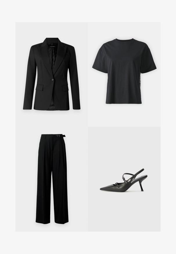 Juodas švarkas, pagamintas iš lygaus audinio, su vienu mygtuku, dviem priekinėmis kišenėmis ir nuskeltu atlapu su satino akcentais.; Juoda trumpomis rankovėmis medvilninė marškinėliai su laisvu siluetu ir kontrastine šonine juostele, kurioje yra mažas tekstas ir dizaino detalės.; Juodos plačios kojų kelnės su aukštu liemeniu, priekinėmis klostėmis ir diržu su sagtimi. Pagamintos iš lygaus, lengvo audinio.; Juodi odiniai slingback kulniukai su smailiu pirštu, siauru kulnu ir dekoratyvine sagtimi viršuje. Lygus paviršius ir elegantiškas dizainas.