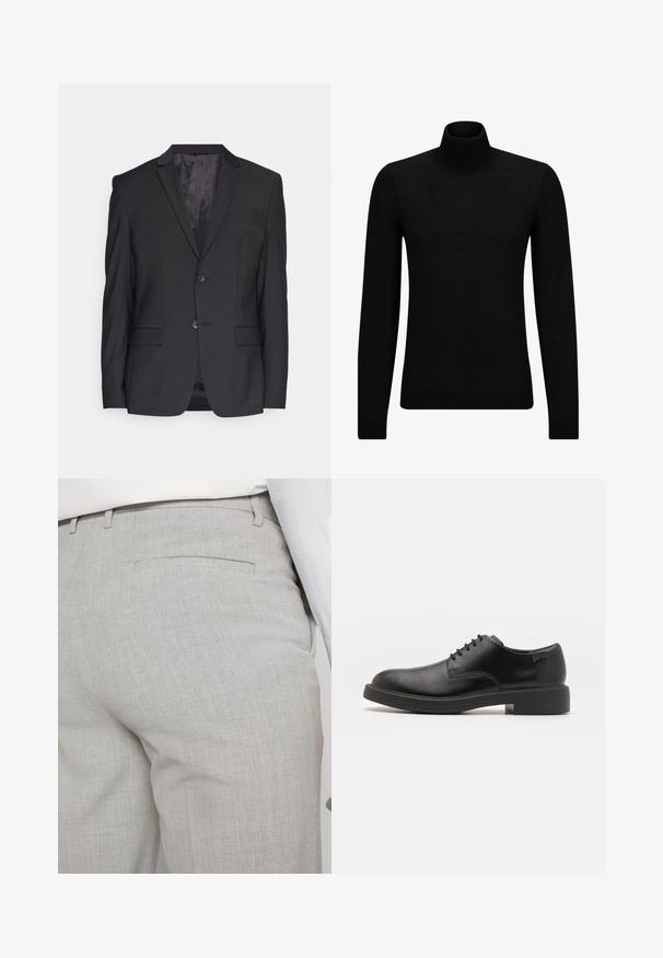 Veste de costume noire en tissu lisse, avec un revers cranté, deux boutons et une poche poitrine simple. Design ajusté avec deux poches avant.; Pull à col roulé noir en matériau doux, avec des manches longues et une coupe ajustée. Finition côtelée au bas et aux poignets. Design simple.; Pantalon gris clair sur mesure en tissu texturé, avec une seule poche arrière et des coutures nettes.; Chaussure noire en cuir à lacets avec un embout arrondi, texture lisse, piqures minimales et un petit talon en caoutchouc. Logo sur le talon.