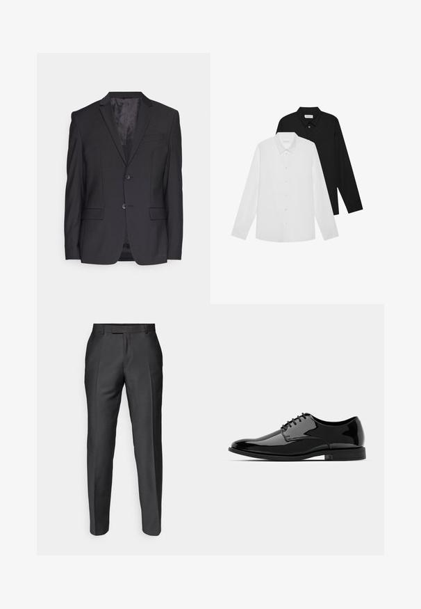 Black suit jacket made of smooth fabric, featuring a notched lapel, two buttons, and a single chest pocket. Tailored design with two front pockets.; White and black long-sleeve shirts with pointed collars, front buttons, and a smooth fabric texture. Labels visible on the inside neck.; Tailored trousers in dark gray fabric. Features a slim fit, flat front, and belt loops. Smooth texture with subtle sheen.; Black patent leather dress shoe with a rounded toe, lace-up design, and smooth, shiny surface. Features a low-profile rubber sole.
