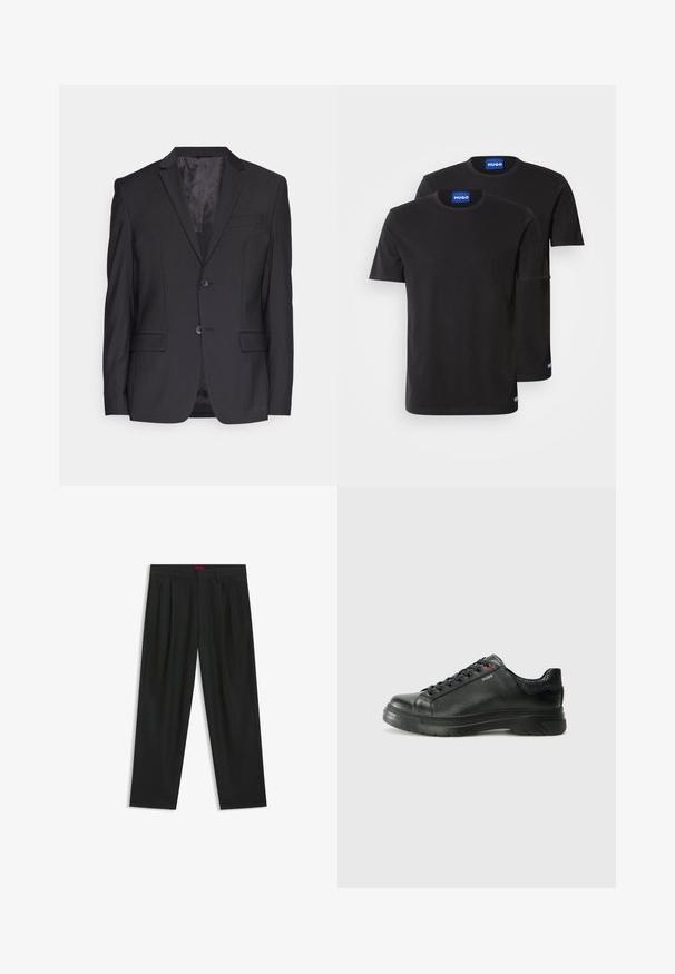 Musta puku takki, joka on valmistettu sileästä kankaasta, varustettu kaarevalla kauluksella, kahdella napilla ja yhdellä rintataskulla. Muotoiltu malli, jossa on kaksi etutaskua.; Kaksi mustaa puuvillapaitaa, joissa on pyöreät kaula-aukot, lyhyet hihat ja siniset "HUGO" -tarrat kaula-aukossa ja sivusaumassa.; Mustat housut, joissa on poimutettu muotoilu, leveä lahjetyyppi ja sileä pinta. Varustettu punaisella vyötärötagilla.; Musta nahkakengät, joissa on teksturoidun pinnan, pehmustettu kaulus ja punainen logo. Kengissä on paksu kumipohja, jossa on selkeä uramalli.
