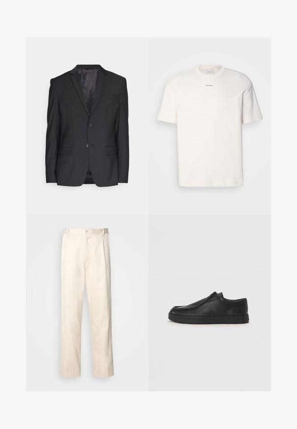 Sacou negru dintr-un material neted, cu rever tăiat, două butoane și un singur buzunar la piept. Design ajustat cu două buzunare frontale.; Tricou alb din bumbac, cu guler rotund, mâneci scurte și logo-ul brodat "Calvin Klein" la mijlocul pieptului. Design simplu.; Pantaloni din bumbac bej, cu croială dreaptă, dotati cu închidere cu nasture și pliuri în față pentru un plus de detaliu.; Pantofii din piele neagră, fără șireturi, cu vârful rotund, detalii cusute și talpă din cauciuc negru. Textură netedă cu un design minimalist.