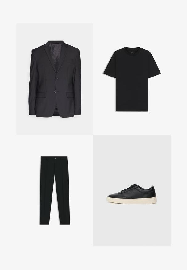 Zwarte blazer van gladde stof, met een geknipt revers, twee knopen en een enkel borstzakje. Tailored ontwerp met twee voorzakken.; Zwarte korte mouwen T-shirt van een gladde katoenmix, met een ronde halslijn en een minimalistisch ontwerp zonder patronen of accenten.; Zwarte dresspants met een recht pasvorm, gemaakt van een gladde stof. Heeft een sluiting met een knoop aan de voorkant en ceintuurlussen. Effen zonder patronen.; Zwarte leren sneaker met lage schacht, zwarte veters en off-white zool, weergegeven in zijprofiel op een witte achtergrond.