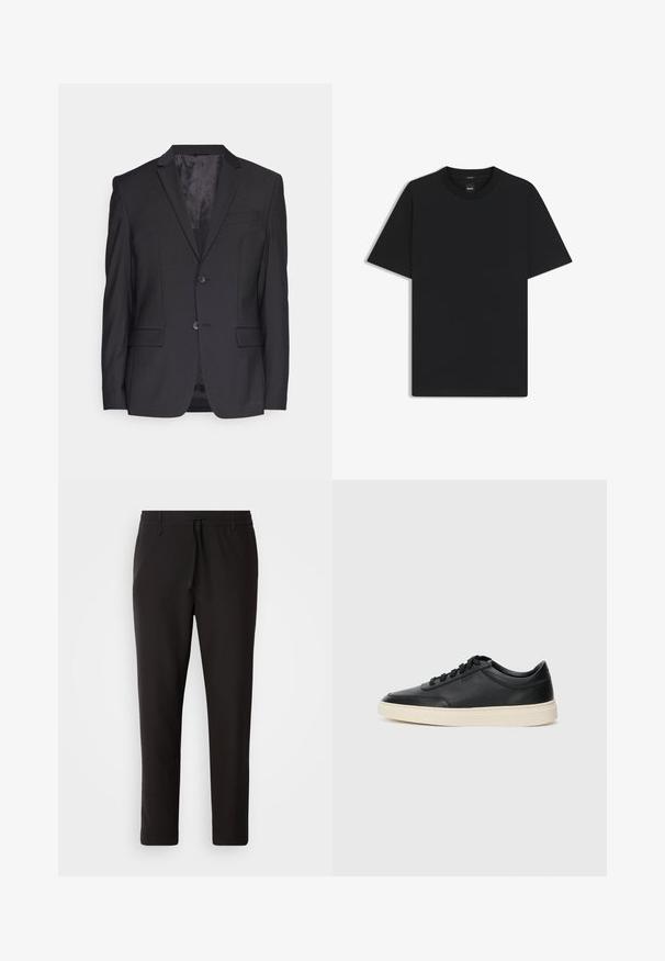 Giacca nera realizzata in tessuto liscio, con revers a punta, due bottoni e una sola tasca sul petto. Design su misura con due tasche frontali.; Maglietta nera a maniche corte realizzata in un morbido misto cotone, con scollatura a girocollo e un design minimalista senza motivi o dettagli.; Pantaloni jogger neri realizzati in tessuto liscio. Presentano una vita elasticizzata con stringa, gambe affusolate e senza tasche visibili. Design semplice.; Sneaker in pelle nera a basso profilo con lacci neri e suola avorio, mostrato di profilo su sfondo bianco.