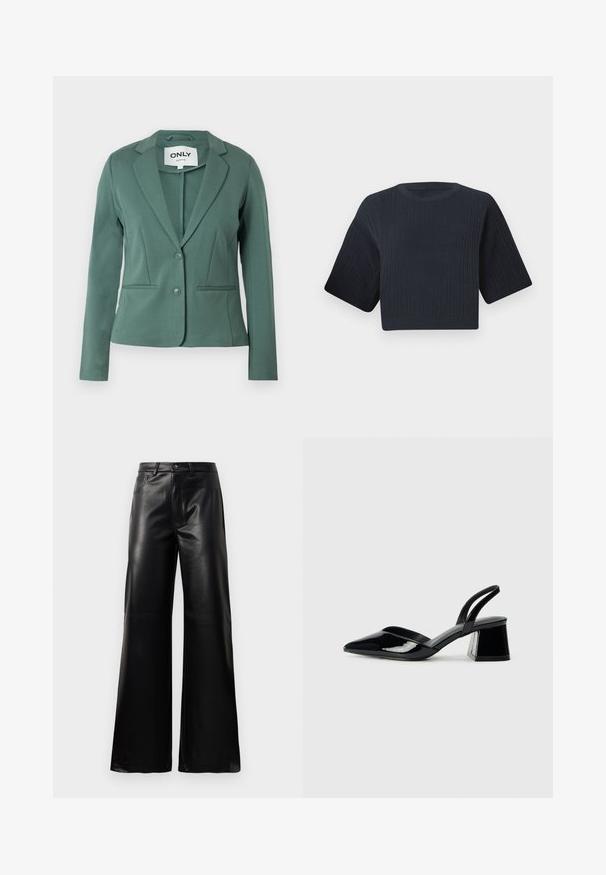Blazer verde realizzato in tessuto morbido, con colletto a rever, chiusura a un bottone e due tasche frontali. Vestibilità tailored con linee pulite.; Maglione cropped in nave blu scuro con texture a coste, maniche corte e ampie, e scollatura rotonda. Design semplice, senza motivi o accenti visibili.; Pantaloni ampi a vita alta in ecopelle neri con bottone frontale, chiusura con zip, passanti per cintura e tasche laterali su sfondo bianco.; Décolleté in vernice nera con punta affusolata e tacco in geometria cubica. Presentano un design elegante e minimalista, con una texture liscia.