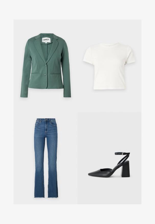 Žalias švarkas, pagamintas iš minkštos medžiagos, su atlenkiamu apykakle, viena sagute ir dviem priekinėmis kišenėmis. Praktiškai pritaikyta forma su švariomis linijomis.; Trumpa balta medvilnės marškinėliai su trumpomis rankovėmis, apvaliu kaklu ir tiesiu hemu, pasižyminti lygiu tekstūriu ir minimaliu dizainu.; Palaidiniai melsvi džinsai su aukštu liemeniu, kuriuose yra nusidėvėjusi apatinė dalis ir penkių kišenių dizainas. Lygi tekstūra su subtiliu blukimu.; Juoda odinė smailiagalė aukštakulnio bateliai su kulkšnies dirželiu ir storu kulnu. Lygus paviršius, elegantiškas dizainas ir minimalistiška estetinė.